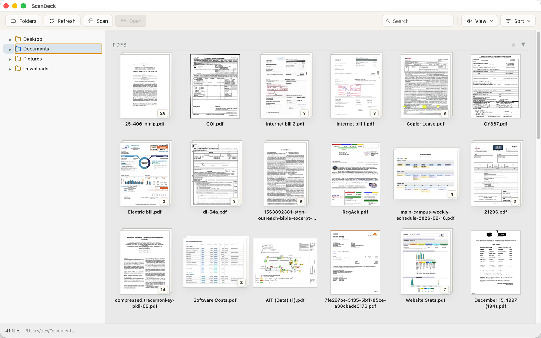 ScanDeck showing a folder of PDFs as large thumbnails