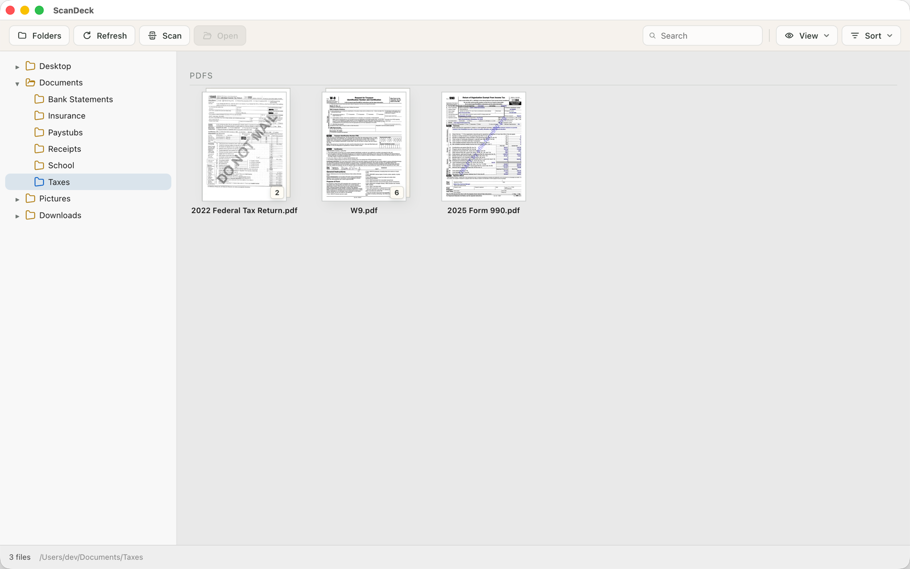 ScanDeck browsing a Taxes folder with thumbnails of tax documents
