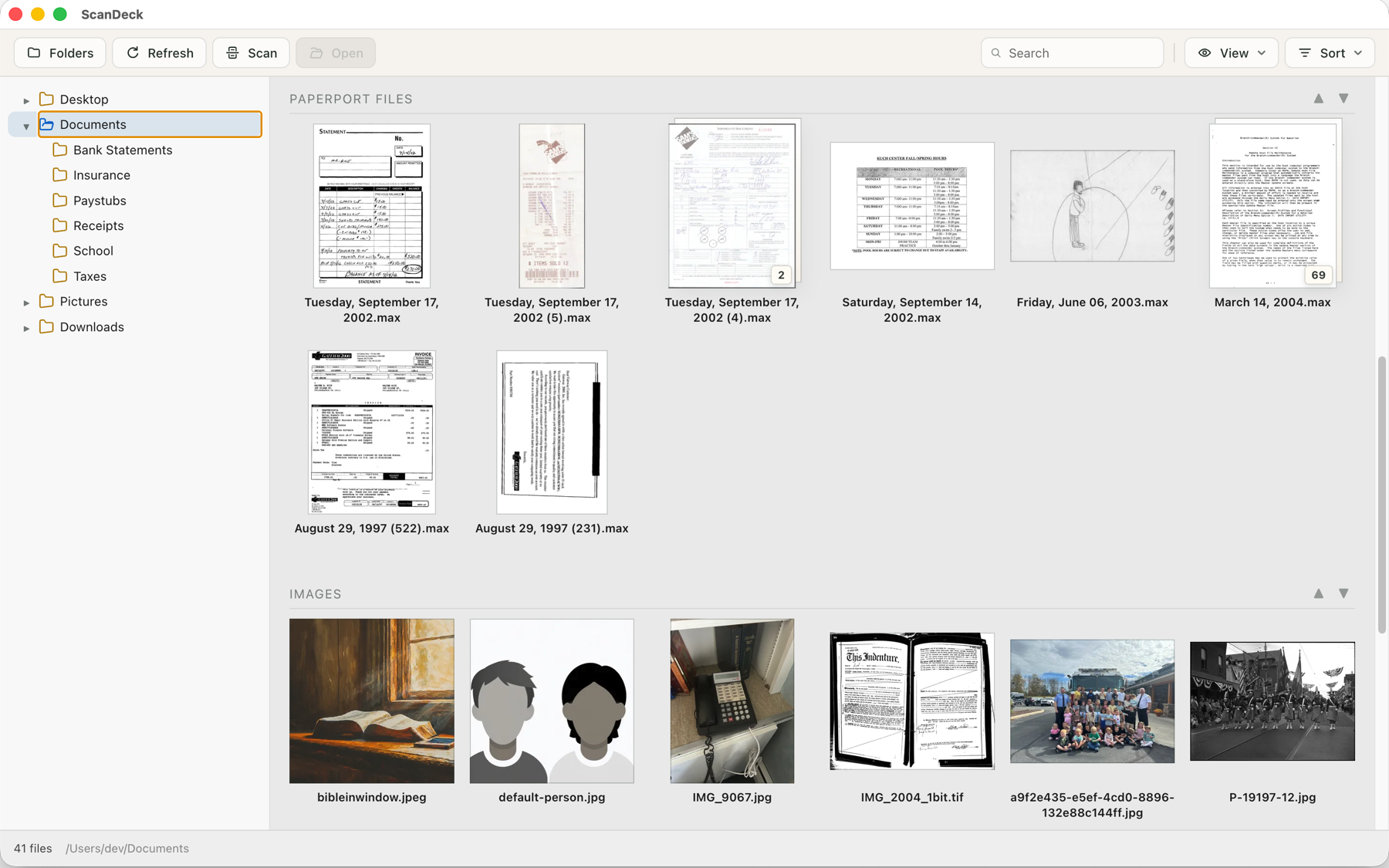 ScanDeck displaying thumbnails of legacy PaperPort .max files alongside images