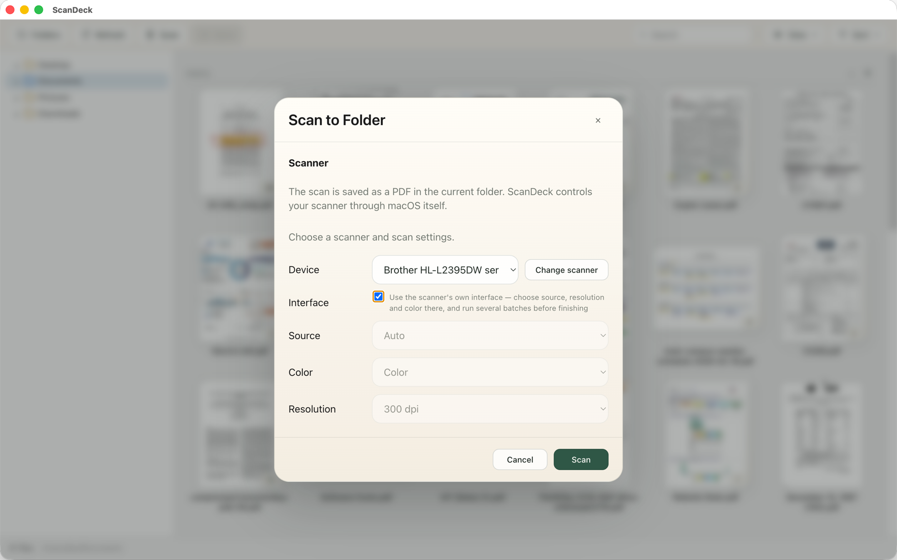 ScanDeck's Scan to Folder dialog with device, source, color, and resolution settings