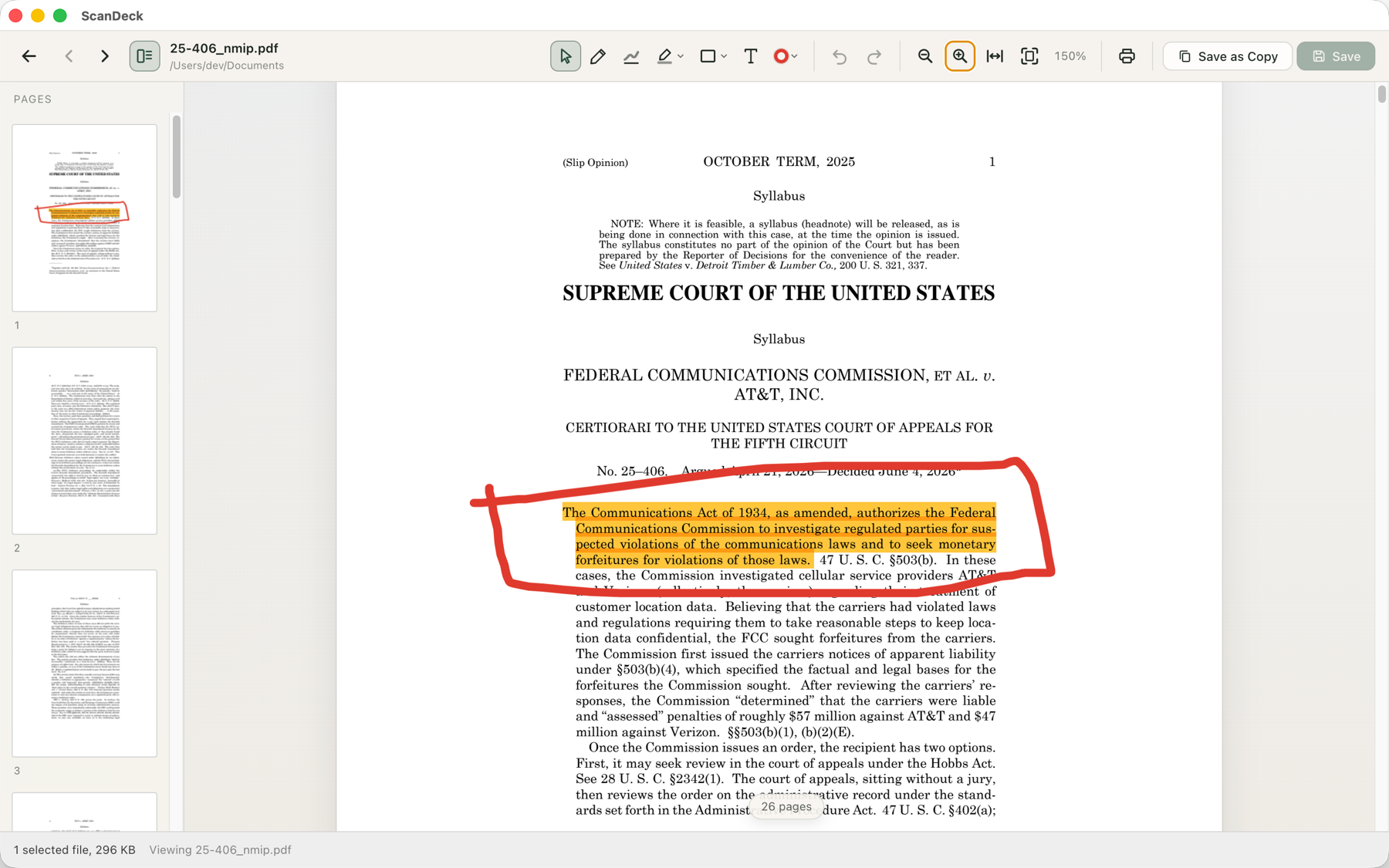 ScanDeck's PDF viewer with highlight and markup tools on a scanned document